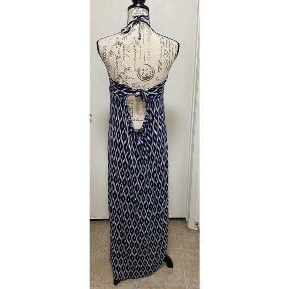 Robin Piccone Maxi Dress Blue White Large Stetch Halter Neck Tie Sweat heart - Picture 4 of 12